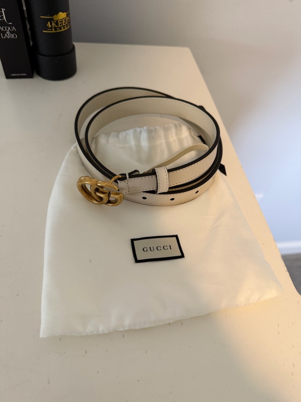 Gucci Cream Leather Belt with Gold Double G Buckle